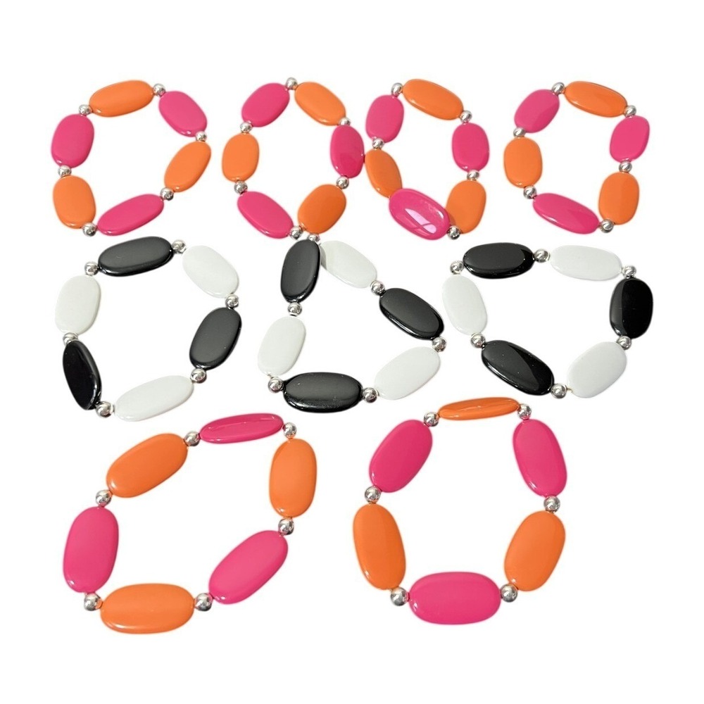 Lot‎ of 9 Fashion Stretch Bracelets Oval Beads Pink Orange Black White Set
